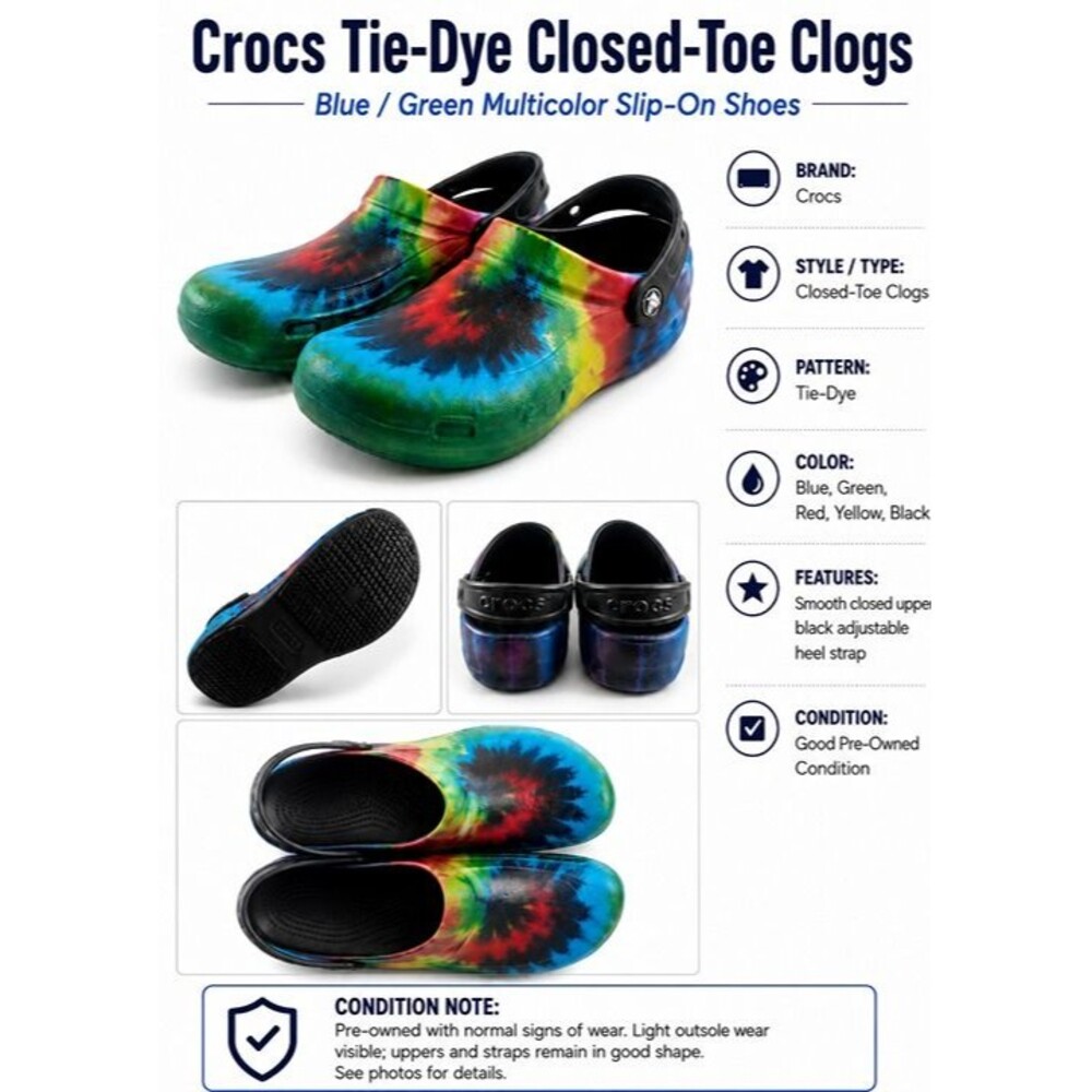 Crocs Tie Dye Closed Toe Clogs Blue Green Multicolor Slip On Shoes Unisex
